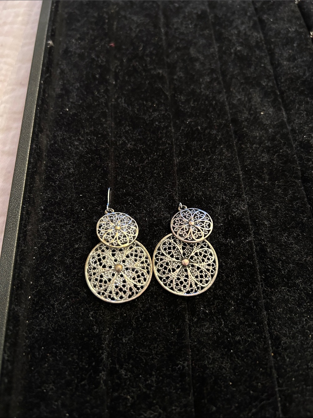 Elegant Double Circle Filigree Drop Earrings - Silver tone